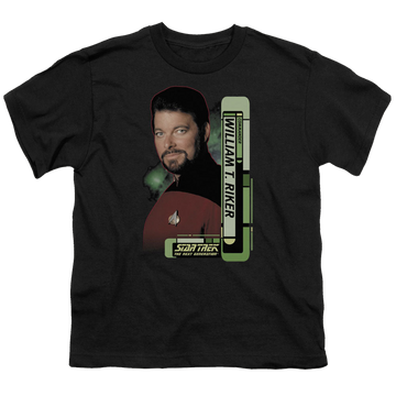 Black youth t-shirt for ages 8 to 12 with Star Trek The Next Generation Riker graphic