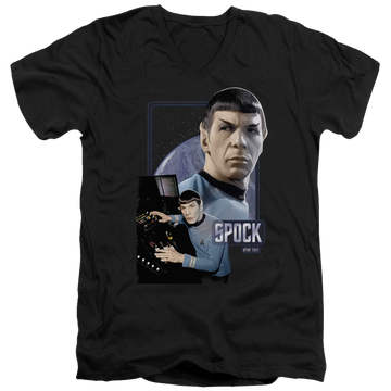 Black men's v-neck t-shirt with Star Trek Spock graphic