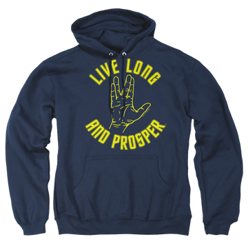 Navy pullover hoodie with Star Trek Live Long Hand graphic
