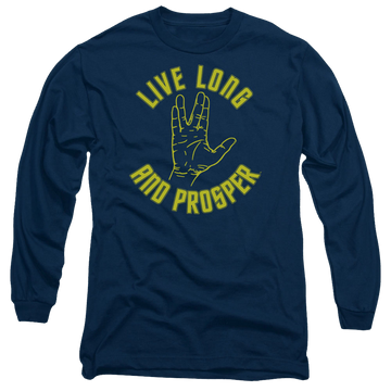 Navy men's long sleeve t-shirt with Star Trek Live Long Hand graphic