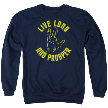 Navy men's crewneck sweatshirt with Star Trek Live Long Hand graphic