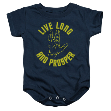 Navy baby bodysuit with Star Trek Live Long Hand graphic