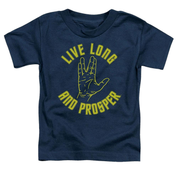 Navy toddler t-shirt with Star Trek The Original Series Live Long Hand graphic