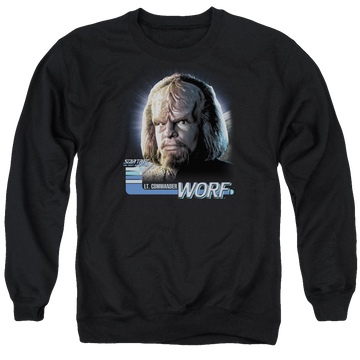 Black men's crewneck sweatshirt with Star Trek The Next Generation Tng Worf graphic