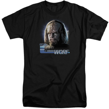 Black men's tall fit t-shirt with Star Trek The Next Generation Tng Worf graphic