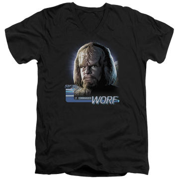 Black men's v-neck t-shirt with Star Trek The Next Generation Tng Worf graphic