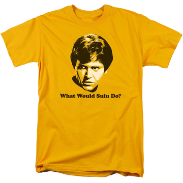 Gold men's regular fit t-shirt with Star Trek What Would Sulu Do graphic
