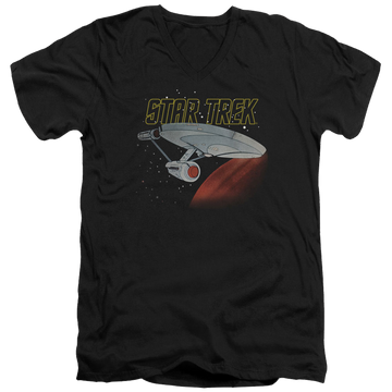 Black men's v-neck t-shirt with Star Trek Retro Enterprise graphic