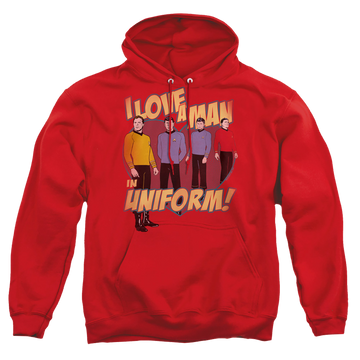 Red pullover hoodie with Star Trek Man In Uniform graphic