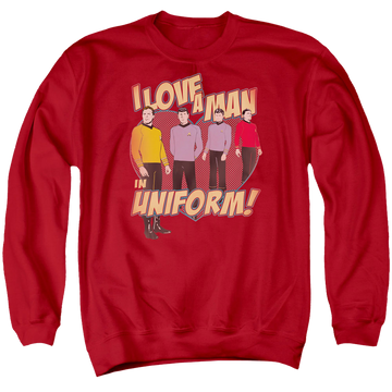 Red men's crewneck sweatshirt with Star Trek Man In Uniform graphic