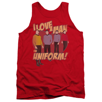 Red men's tank with Star Trek Man In Uniform graphic