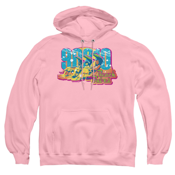Pink pullover hoodie with Beverly Hills 90210 Beach Babes graphic