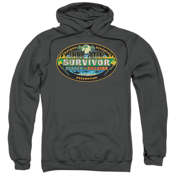 Charcoal pullover hoodie with Survivor Heroes Vs Villains graphic