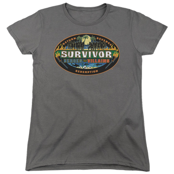 Charcoal women's t-shirt with Survivor Heroes Vs Villains graphic