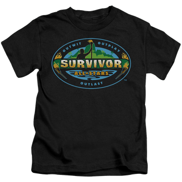 Black kid's t-shirt for ages 4 to 7 with Survivor All Stars graphic