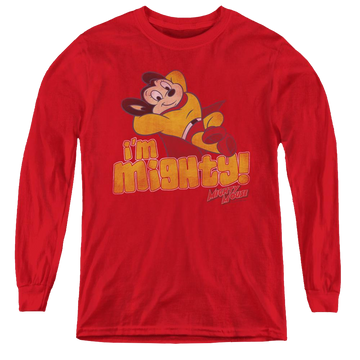 Red youth long sleeve t-shirt with Mighty Mouse Im Mighty graphic