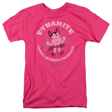 Hot pink men's regular fit t-shirt with Mighty Mouse Dynamite graphic