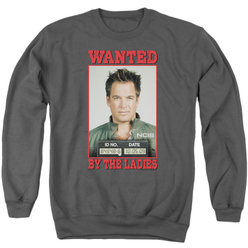 Charcoal men's crewneck sweatshirt with NCIS Wanted graphic