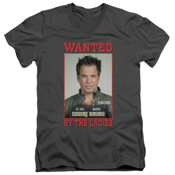 Charcoal men's v-neck t-shirt with NCIS Wanted graphic
