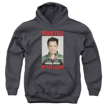Charcoal youth hoodie for ages 8 to 12 with NCIS Wanted graphic