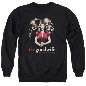 Black men's crewneck sweatshirt with The Good Wife Bad Press graphic