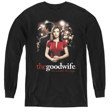 Black youth long sleeve t-shirt with The Good Wife Bad Press graphic