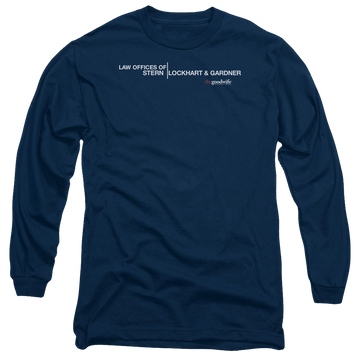 Navy men's long sleeve t-shirt with The Good Wife Law Offices graphic