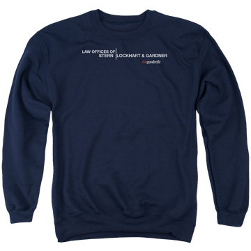 Navy men's crewneck sweatshirt with The Good Wife Law Offices graphic