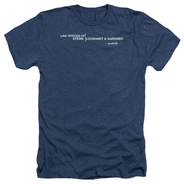 Navy men's heather t-shirt with The Good Wife Law Offices graphic