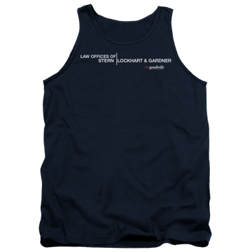 Navy men's tank with The Good Wife Law Offices graphic
