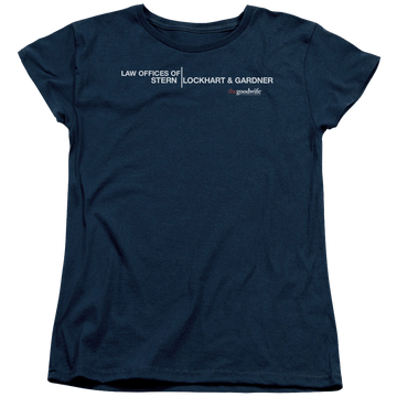 Navy women's t-shirt with The Good Wife Law Offices graphic