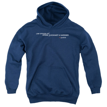 Navy youth hoodie for ages 8 to 12 with The Good Wife Law Offices graphic