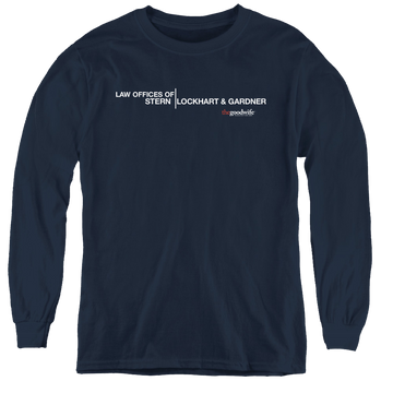 Navy youth long sleeve t-shirt with The Good Wife Law Offices graphic