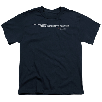 Navy youth t-shirt for ages 8 to 12 with The Good Wife Law Offices graphic
