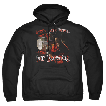 Black pullover hoodie with NCIS Thanks For Listening graphic