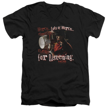 Black men's v-neck t-shirt with NCIS Thanks For Listening graphic