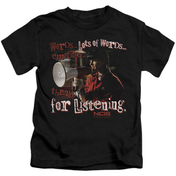 Black kid's t-shirt for ages 4 to 7 with NCIS Thanks For Listening graphic