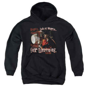 Black youth hoodie for ages 8 to 12 with NCIS Thanks For Listening graphic