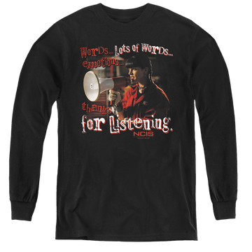 Black youth long sleeve t-shirt with NCIS Thanks For Listening graphic