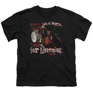 Black youth t-shirt for ages 8 to 12 with NCIS Thanks For Listening graphic