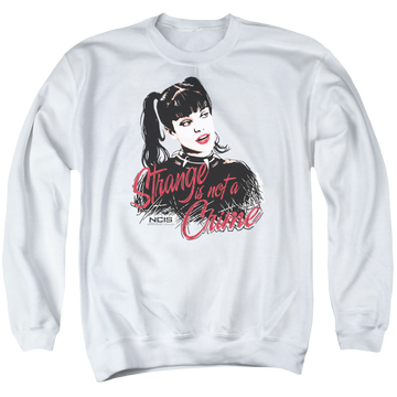 White men's crewneck sweatshirt with NCIS Strange Is Not A Crime graphic
