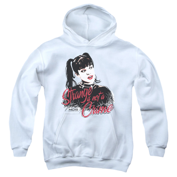 White youth hoodie for ages 8 to 12 with NCIS Strange Is Not A Crime graphic