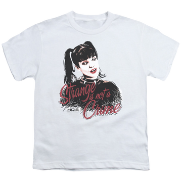 White youth t-shirt for ages 8 to 12 with NCIS Strange Is Not A Crime graphic