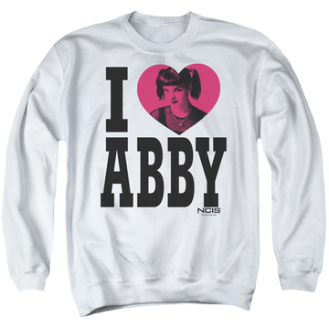 White men's crewneck sweatshirt with NCIS I Heart Abby graphic