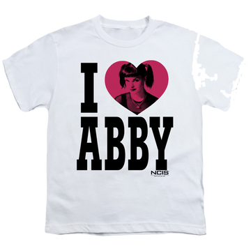 White youth t-shirt for ages 8 to 12 with NCIS I Heart Abby graphic