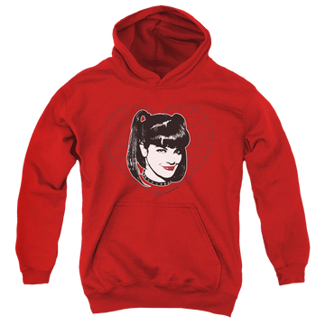 Red youth hoodie for ages 8 to 12 with NCIS Abby Heart graphic
