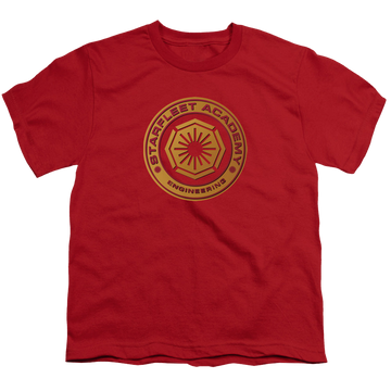 Red youth t-shirt for ages 8 to 12 with Star Trek The Original Series Engineering graphic
