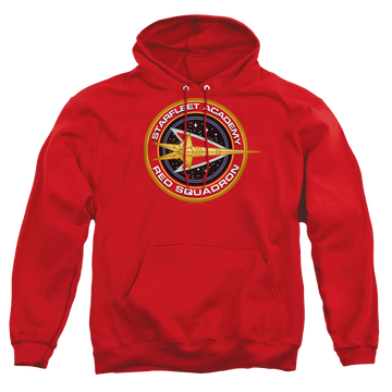 Red pullover hoodie with Star Trek Red Squadron graphic