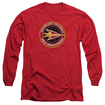 Red men's long sleeve t-shirt with Star Trek Red Squadron graphic