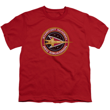 Red youth t-shirt for ages 8 to 12 with Star Trek The Original Series Red Squadron graphic